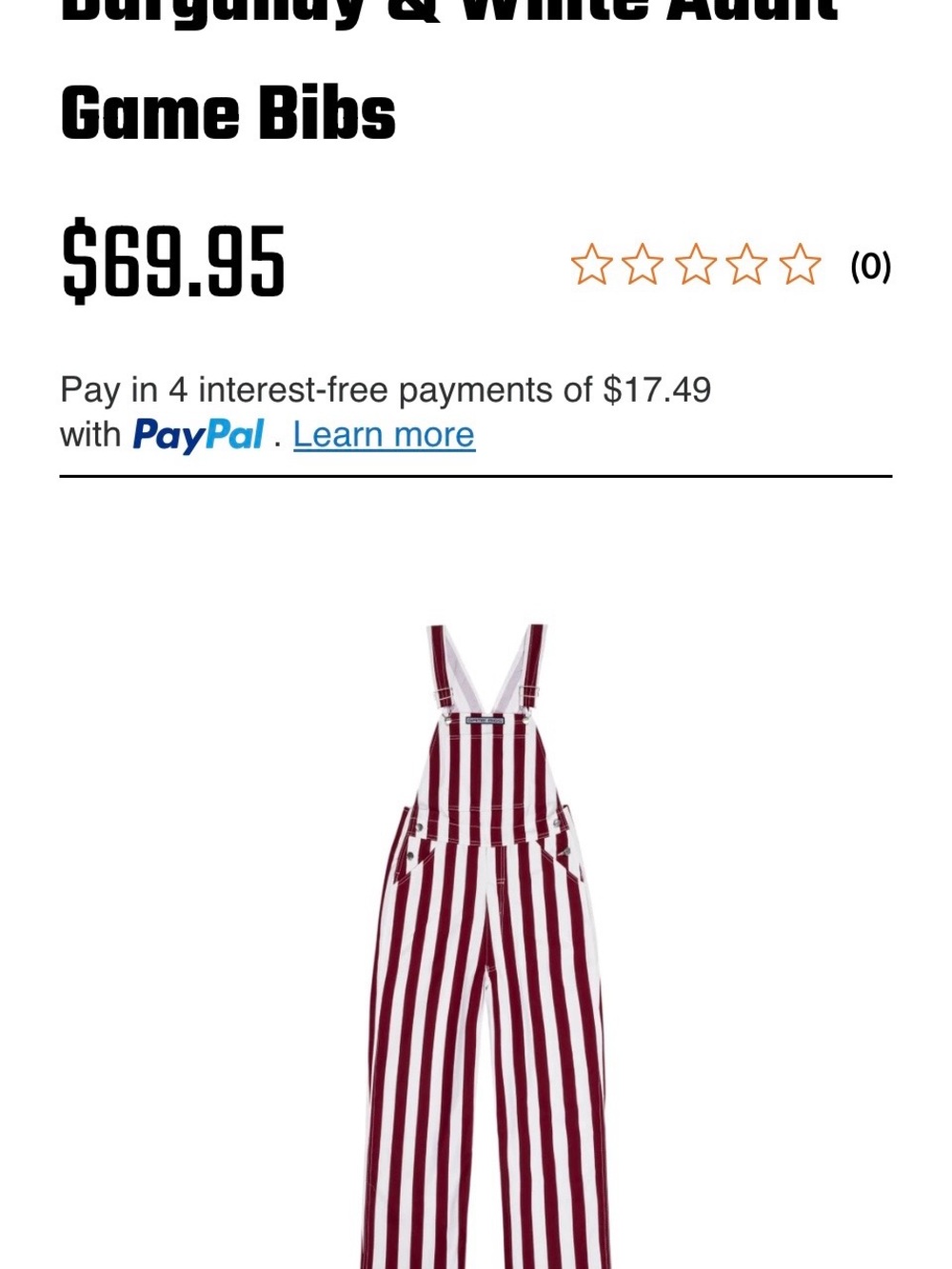 Game Bibs Burgundy & White Striped Overalls Size L NWOT